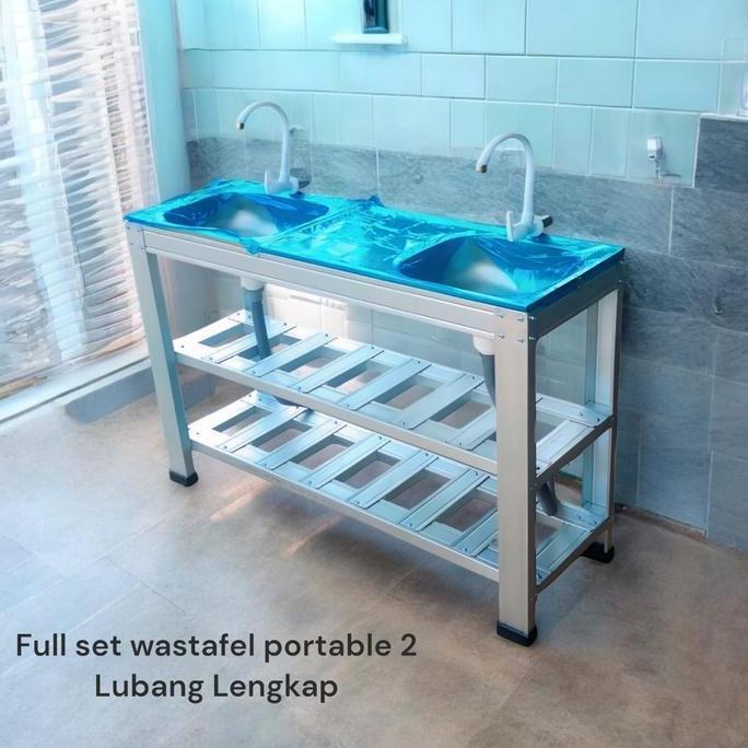 barkajule_ - wastafel 2 lubang portable stainless elegan, bak cuci piring rangka baja - wastafel bon