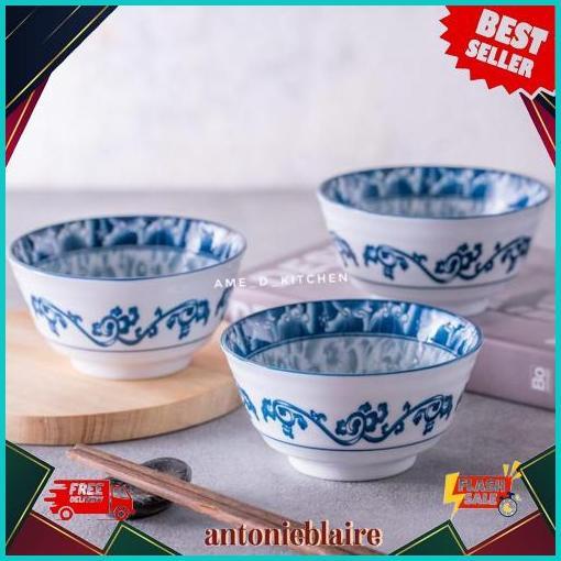 Hot Sale Mangkok Bijian Keramik 4.5" Motif Ornament Bunga Biru Full