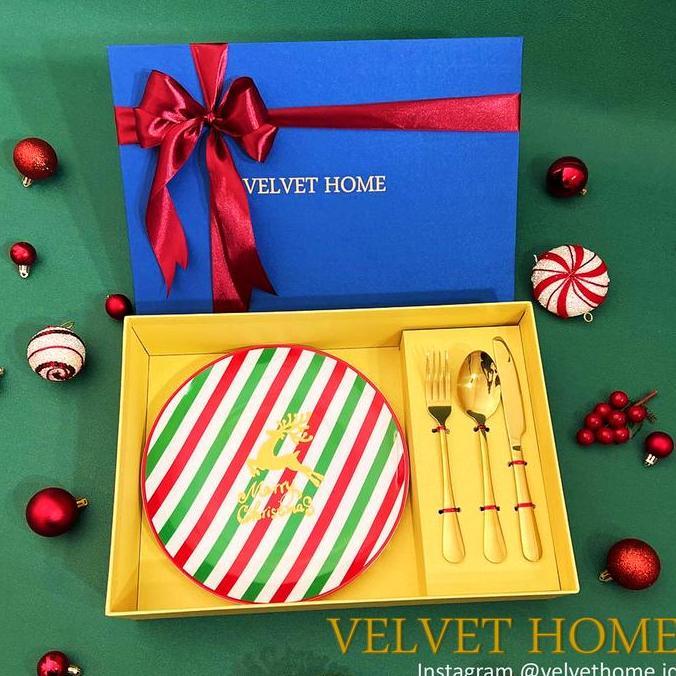 Terlaris Hampers Natal Piring Makan Hiasan + Sendok Garpu Gold Kado Parcel Gift