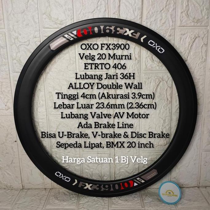 Velg Rims 20 OXO FX3900 Murni ETRTO 406 Lubang 36H Alloy Double Wall 4cm Valve AV Sepeda Lipat Seli 