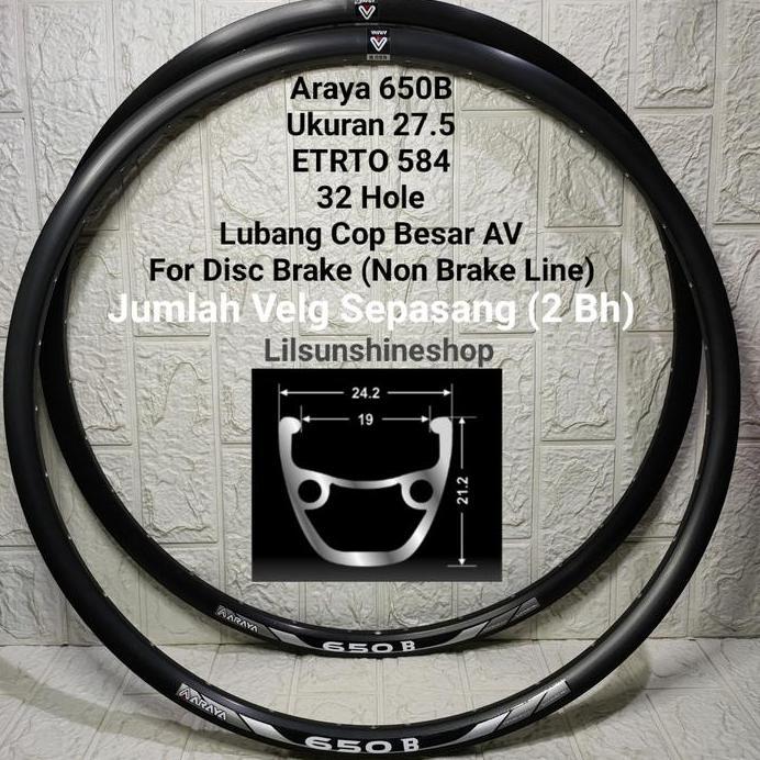 Velg Rims 27.5 ARAYA 650B Rim Lubang 32 Hole ETRTO 584 Disc Brake Double Wall Valve AV Jumlah SEPASA