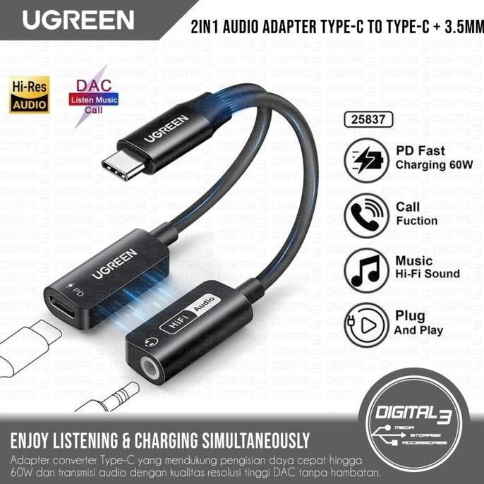 UGREEN CM721 2 in 1 Adapter Splitter Type-C to Type-C + Jack 3.5mm Converter Fast Charging PD 60W DA