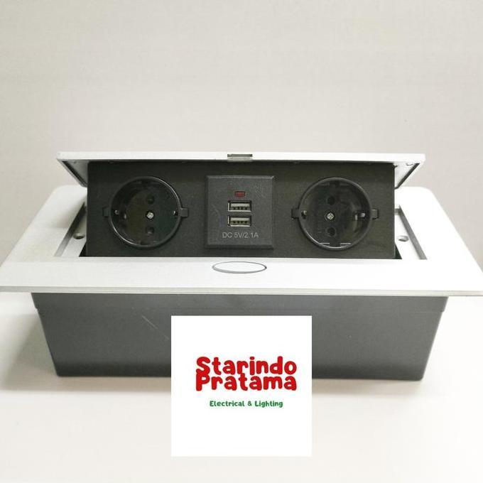 Promo STOP KONTAK MEJA TANAM 2 LUBANG + USB CHARGER HITAM Diskon