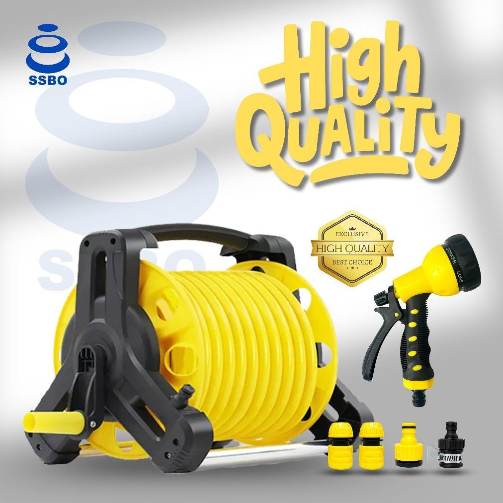 Set Semprotan Selang Air Gulung Fleksibel Kuning 14-25 Meter Reel Holder Dinding Semprotan Air Multi