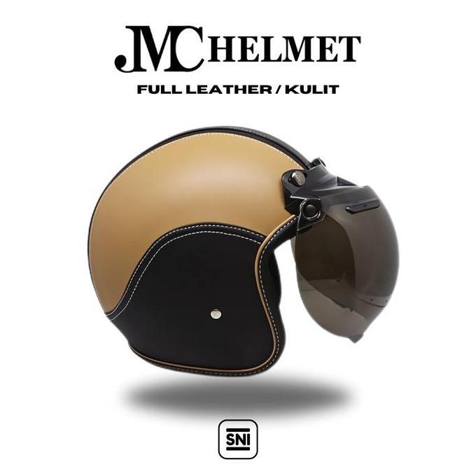 Helm Bogo Retro Dewasa Cokelat Muda Full Leather/ Kulit Kaca Polos Biasa SNI Pria/ Wanita