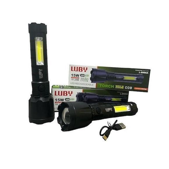 Diskon Luby Senter Led Zoom L-8966A Torch 15W+12 Led Cob Cahaya Putih L-8966A/ 8966/ Senter Tangan L
