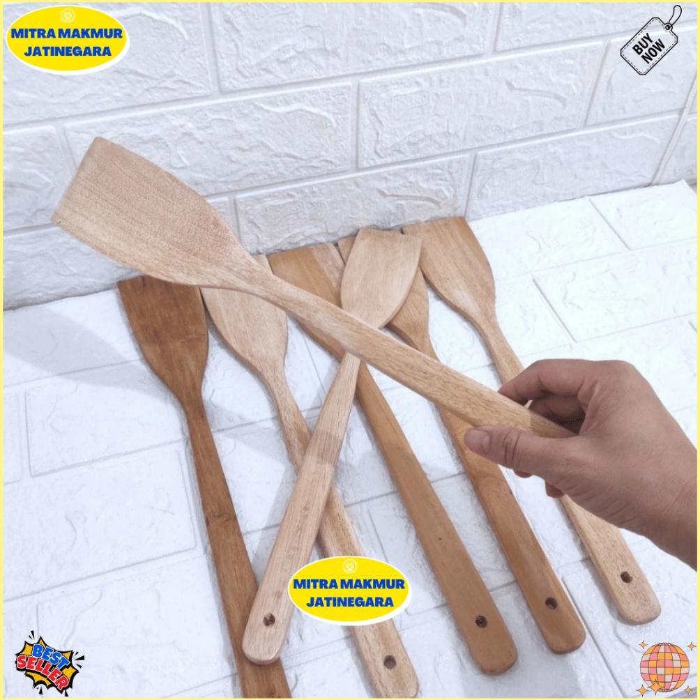Spatula Kayu Jati Bulat & Kotak Kecil Besar - Sutil Kayu Tahan Panas Aman Teflon Anti Lengket Teflon