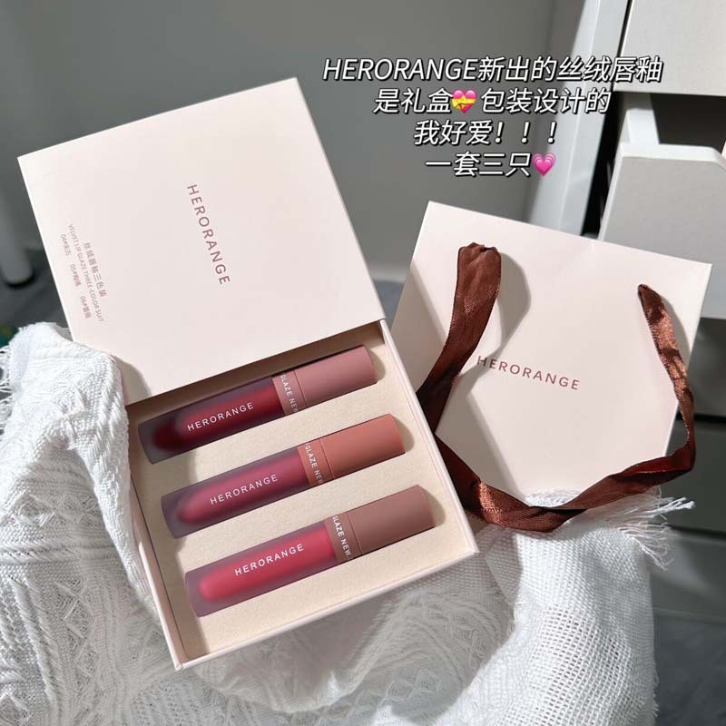 HERORANGE~ Kotak hadiah glasir bibir tiga bungkus matte velvet whitening lip gloss set lipstik harga