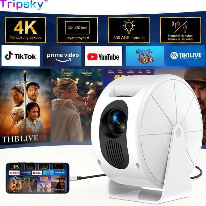 Tripsky Videotron Proyektor Mini T269Mini Projector 4K Ultra Hd Kabel Dengan Speaker Wifi Bluetooth 