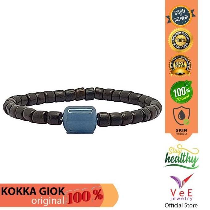 Gelang Tasbih Kayu Kokka Marjan Hitam Batu Giok Jade Asli Cina - Vee