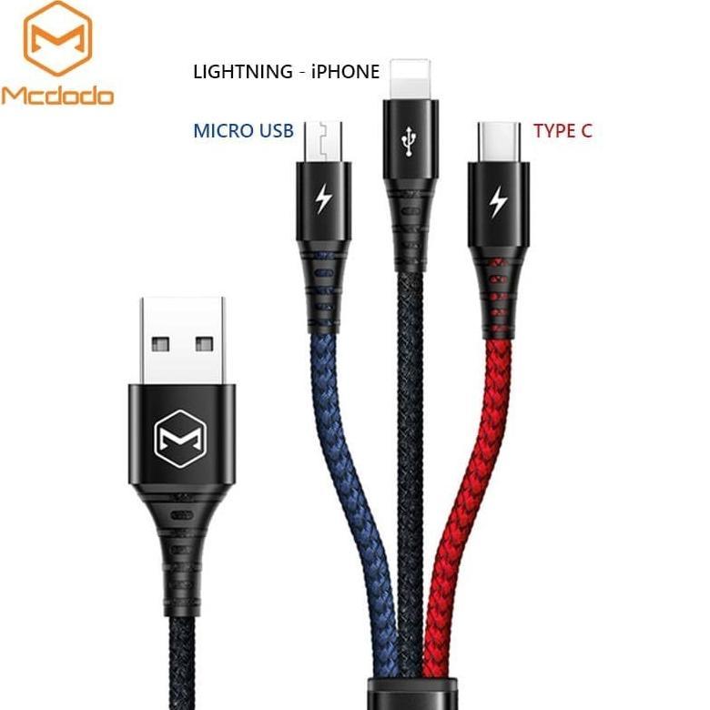 Kabel Charger 3 In 1 Micro USB, Type C, Lightning iPhone Mcdodo CA-622 1.2 Meter