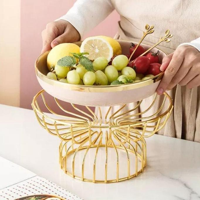 Tempat Buah Keramik Gold Dudukan Stainless / Keranjang Buah Keramik Emas Kitchenware Plate Piring