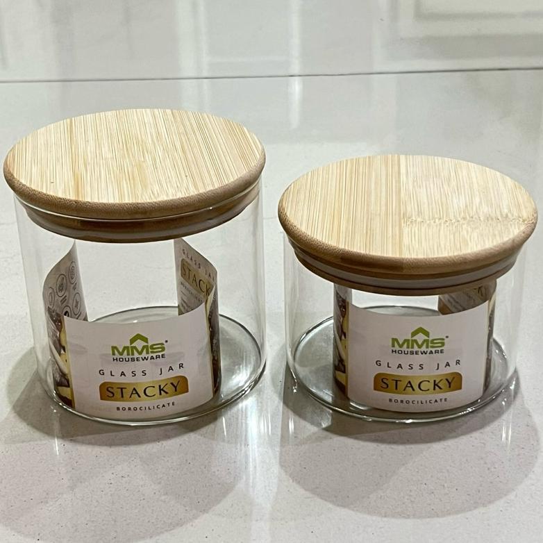 Toples Kaca Kedap Udara Tutup Bamboo Kayu Minimalis 450ml 600ml Glass Jar Stacky MMS