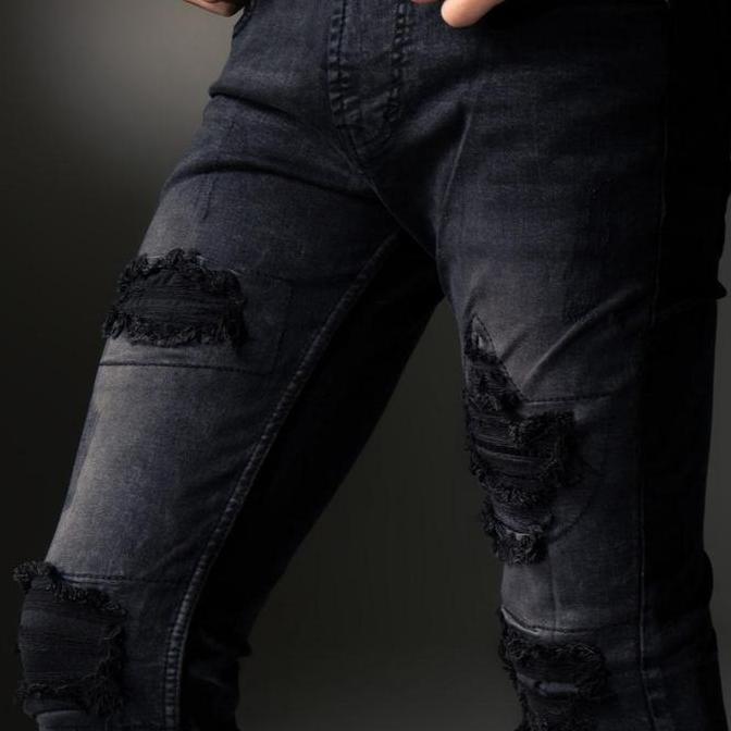 Weird Jeans - Austin Black - Celana Jeans Pria Slimfit Strech Ripped Tambal Denim Nyaman Stretch