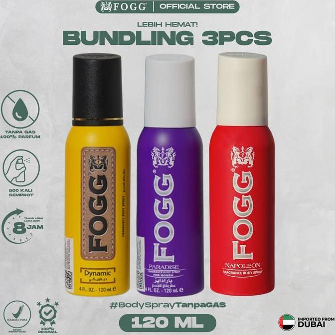 FOGG BUNDLING 3 PCS - PARFUM BODY SPRAY 120ML MARCO NAPOLEON DYNAMIC WANGI TAHAN LAMA TANPA GAS ORIG