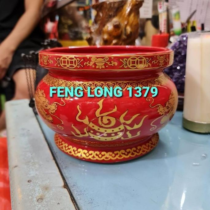 Hiolo (Tempat Hio/Dupa) Merah Naga Emas Keramik 8"