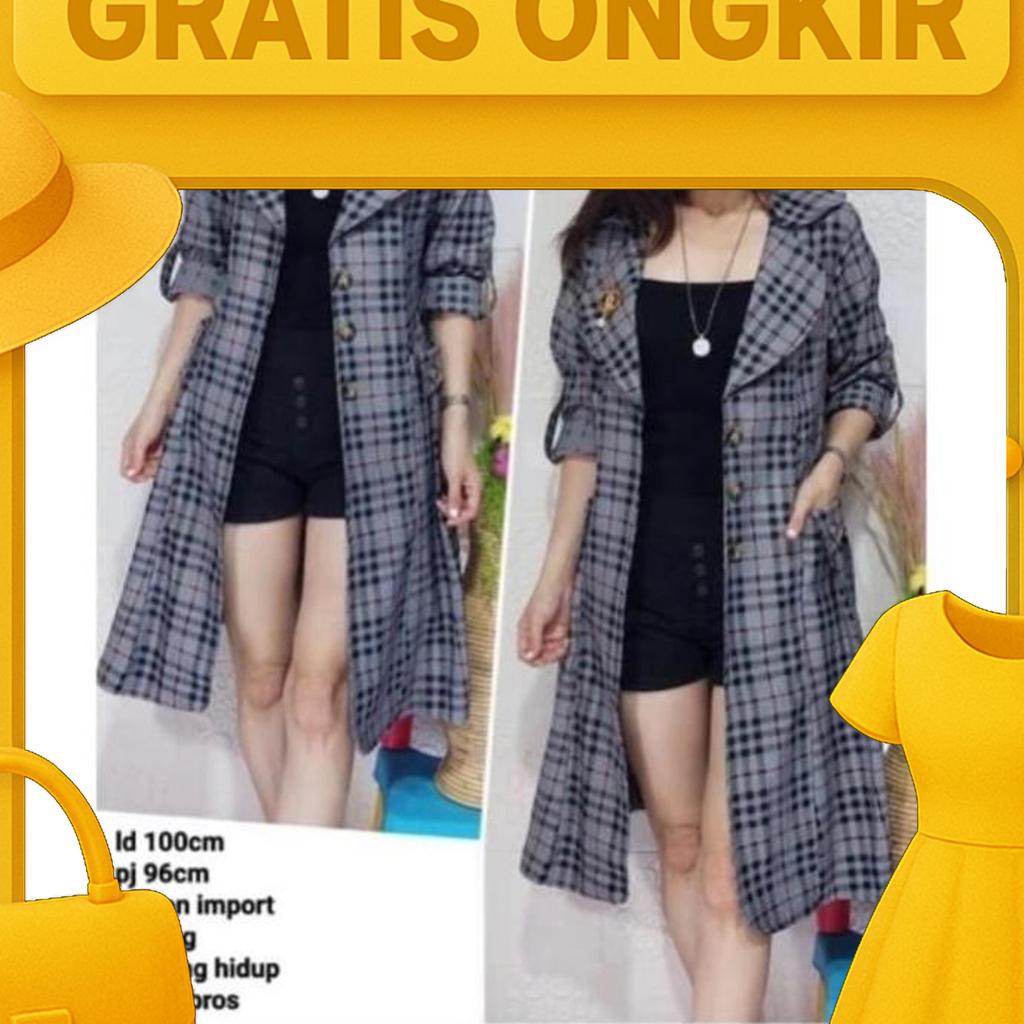 Long Blazer Wanita Motif Kotak Premium Free Bross Bestseller / Blazer Wanita Viral