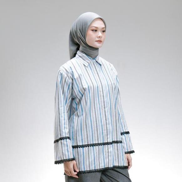 AUMONE Yarn Stripe Lace Shirt Blue