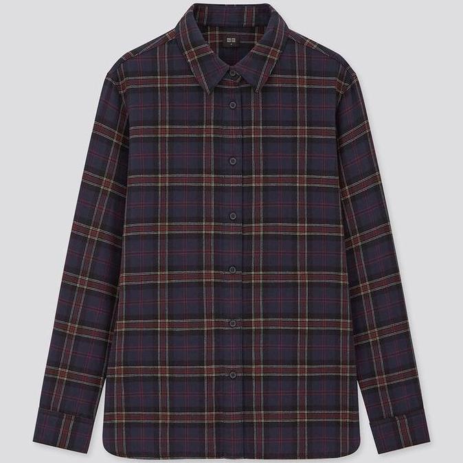 KEMEJA WANITA - FLANEL KOTAK BIRU NAVY LENGAN PANJANG - UNIQLO