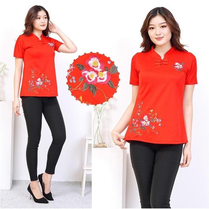 Terbaru Atasan Wanita Blus Shanghai Baju Imlek Bahan Scuba Motif Bordir Lengan Pendek Kaos