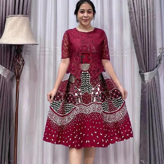 BATIK DRESS MERAH KOMBI BRUKAT & KEMEJA BAHAN KATUN SOLO PREMIUM