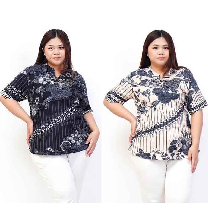 BLOUSE BATIK WANITA MODERN BSIZE JUMBO A BLACK CREAM XXL XXXL BAJU BATIK HAMIL KERJA KANTOR PESTA KA
