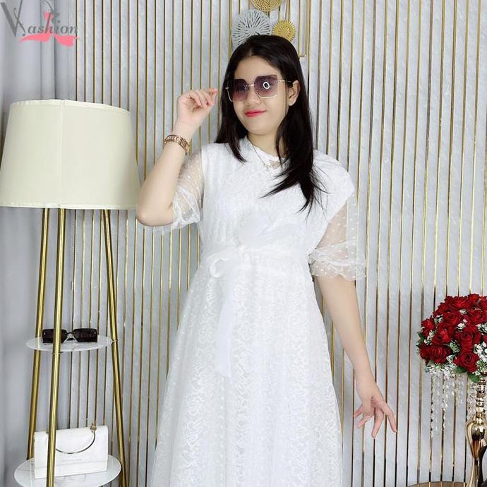 Longdress Brukat Kombinasi Tile Tutu Polos Putih 20110 Gaun Vima Premium Panjang Wanita