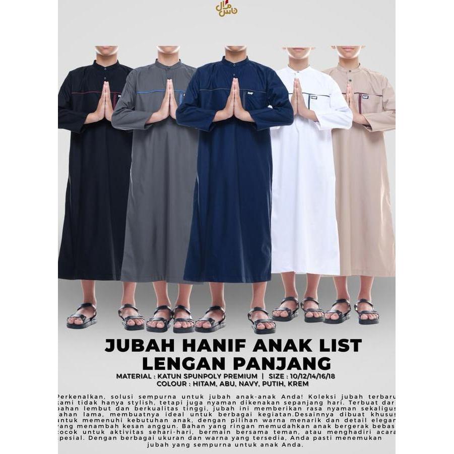 Baju Jubah Gamis Anak Pria Arab Pakistan Model Hanif List Lengan Panjang KerahOblong Free Peci Terla