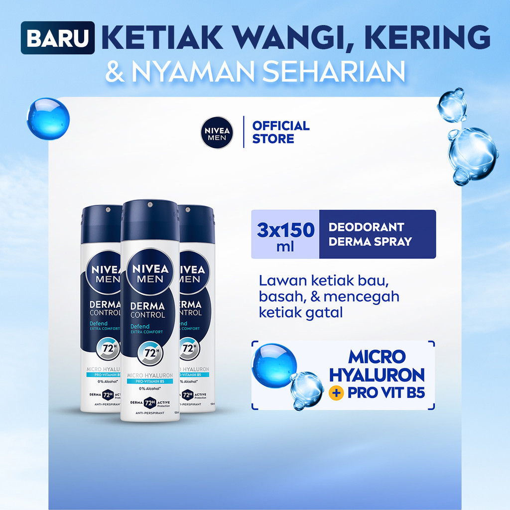 (PAKET HEMAT ISI 3) NIVEA MEN Deodorant Spray Derma Control Defend 150ml - Deodoran semprot pria ski