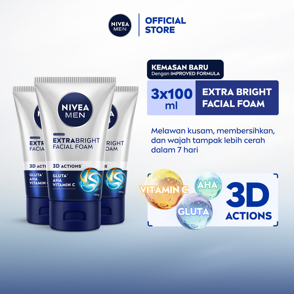 (PAKET HEMAT ISI 3) NIVEA MEN Facial Foam Extra Bright Facial Foam 100ml - Sabun cuci muka pria menc