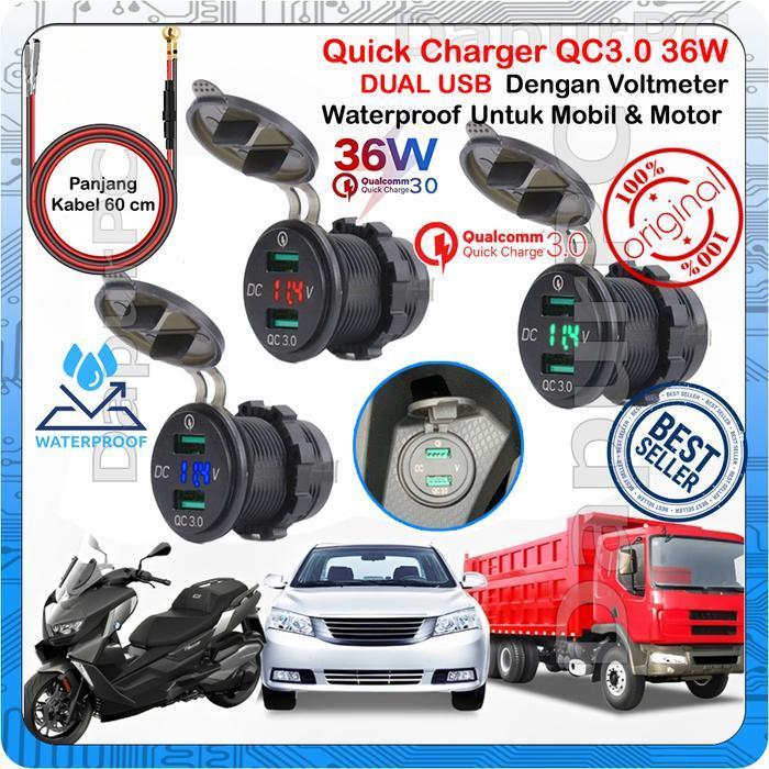 Quick Charger QC3.0 12-24V Dual USB & Voltmeter Waterproof Mobil Motor