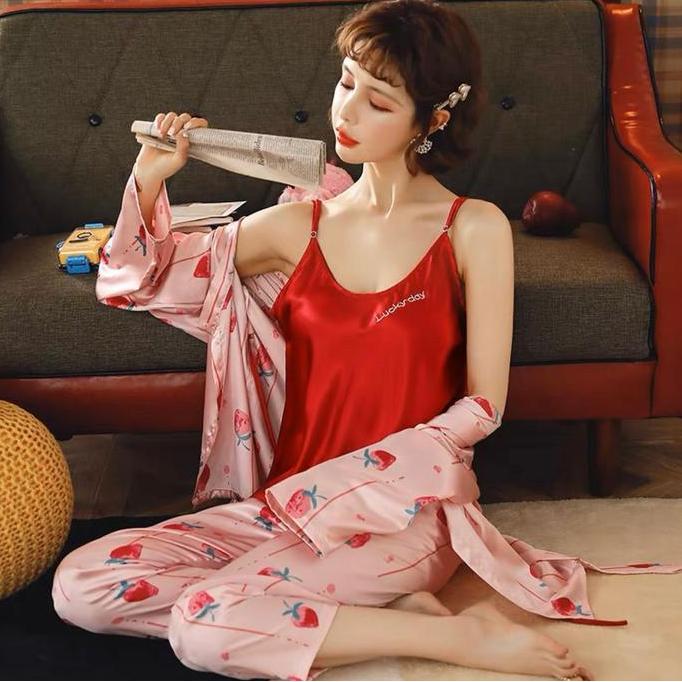 Promo JC- Set Kimono Satin 3in1 Import PP / Kimono sleepwear / Kimono Satin Set 3in1 Import Korea / 