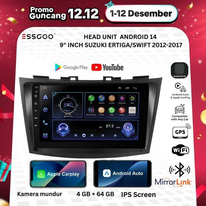 7vawaskatun - essgoo head unit android 9 inch 4g+64gb untuk ertiga/swift 2012-2017 termasuk frame pn