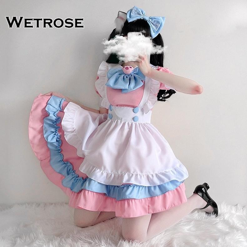 Girl Super Cute Big Bow Lolita Maid Outfit Pink Blue Maid Costume Dress Set for Cosplay Cafe Wanita 