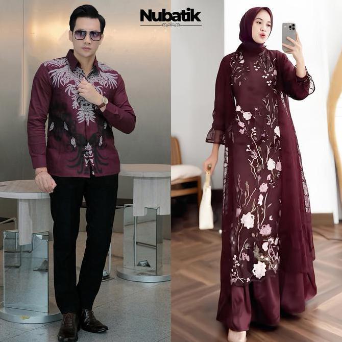 New Arrival - Couple maxi dress gamis BURGUNDY kemeja batik lapis furing outfit lebaran 2025 Gamis b