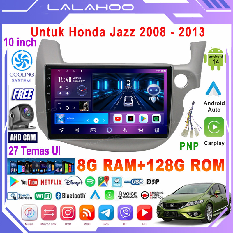 LALAHOO Untuk Honda Jazz 2008-2013   8G+64G Android 14 Head Unit Termasuk Frame/PNP Soket 10 Inch