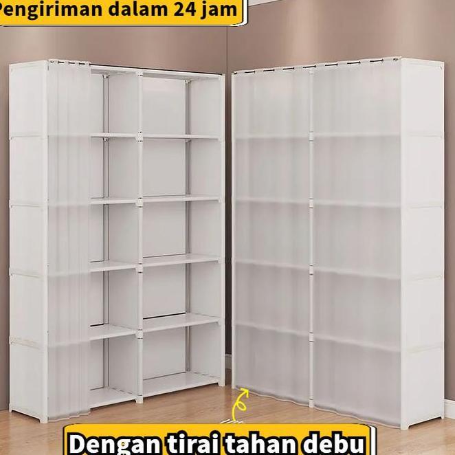 Pengiriman Cepatdengan Tirai Anti Debu Rak Penyimpanan Rak Buku Kamar Tidur Multilapis Lemari Dengan