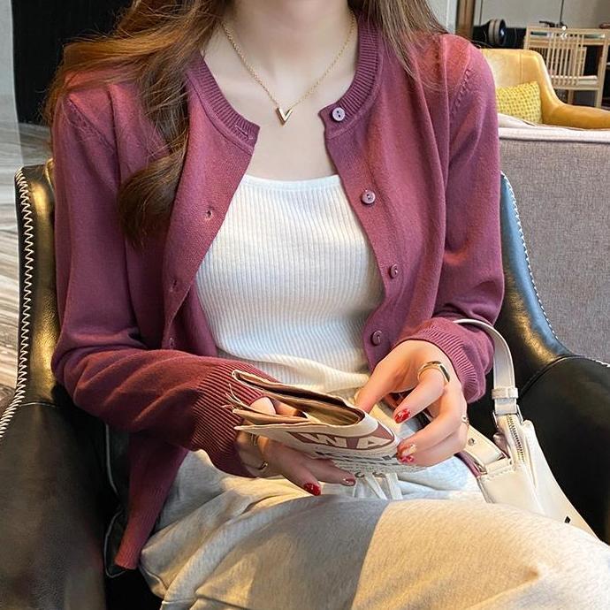 Kardigan rajutan tipis warna polos ramping lengan panjang serbaguna baru Knitwear Wanita Atasan Card