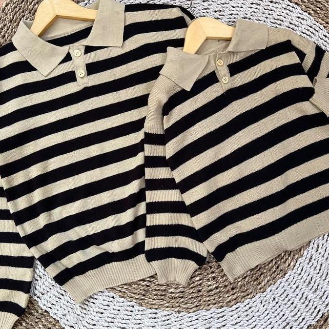 Polo Stripe Knit Couple / Top Polo Stripes Knit Dewasa Panjang Wanita