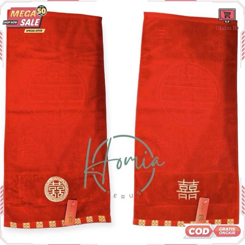 Handuk Wedding Merah Bordir ShuangXi / Handuk Merah Wedding Shuang Xi - RO30-0512 2025 Bisa COD New