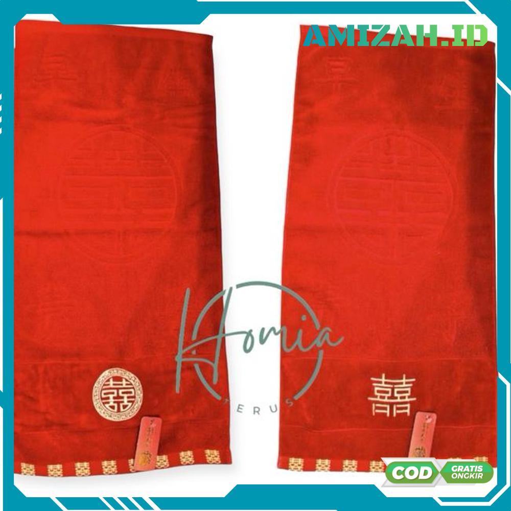 Handuk Wedding Merah Bordir ShuangXi / Handuk Merah Wedding Shuang Xi - RO30-0512 2025 Bisa COD Terb
