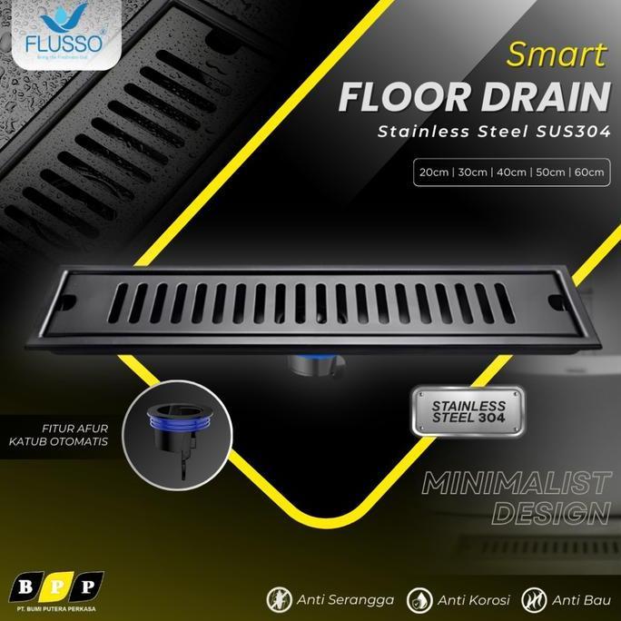 FLUSSO Floor Drain Saringan Air Kamar Mandi Panjang Stainless Afur Katub Otomatis Kuningan | Saringa