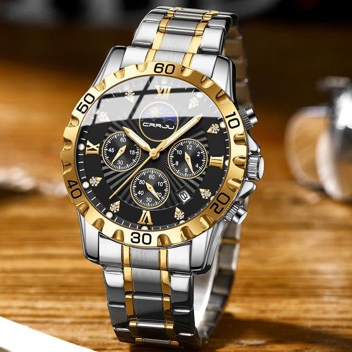 CRRJU Jam Tangan Pria Anti Air Original Anti Karat Luxury Kronograf Bercahaya Kalender Quartz Watch 