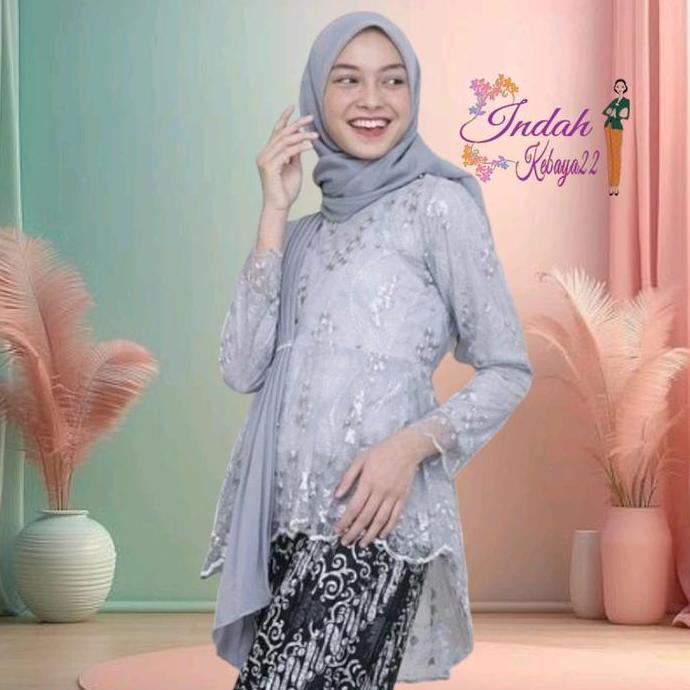 Atasan Kebaya Modern Elegan Aurora Selendang Brokat Tile Bordir Mutiara Dress Wanita Kondangan Pesta