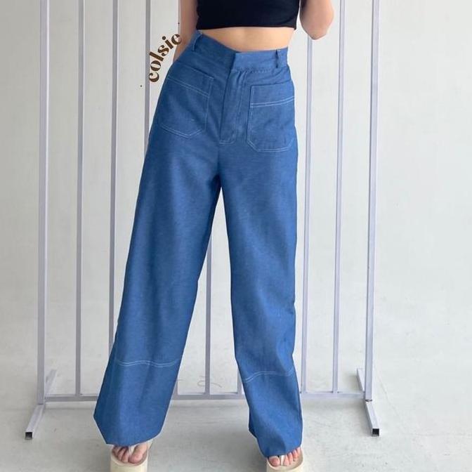 COLSIE - NUNA DENIM PANTS - Celana Kulot Jeans Hhwaist Celana Panjang Wanita Casual Slim-fitting Pla