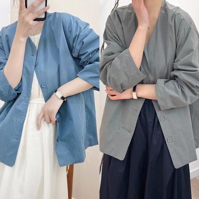 JAKET BLAZER OUTER WANITA KATUN CARGO PREMIUM BIRU MUDA ABU OVERSIZE DROP SHOULDER KOREA IMPORT