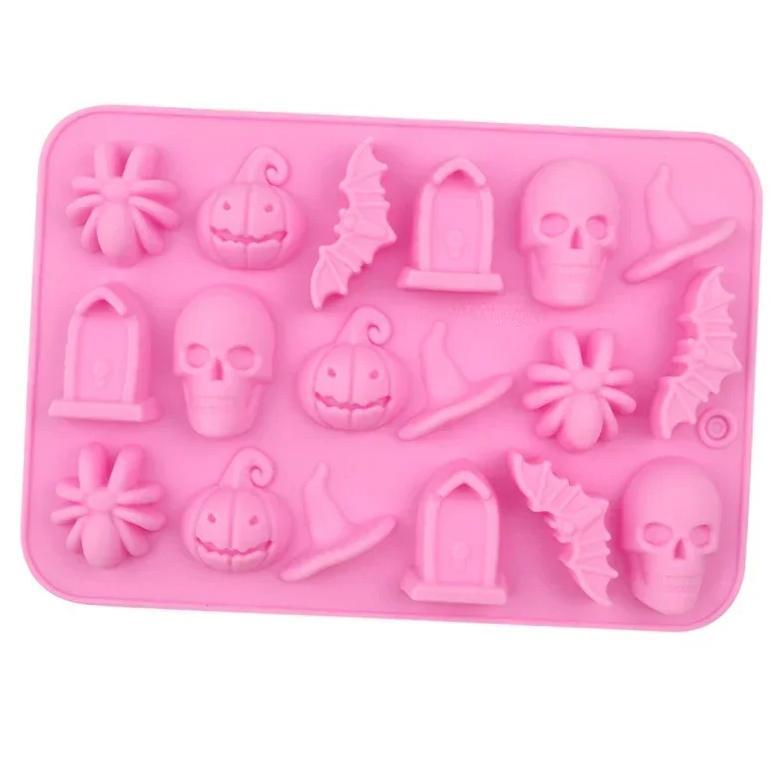 18 Cavities Halloween Scary Silicone Mold Hat Skull Tomb Bat Pumpkin Spider Chocolate Gummy Mould Ca