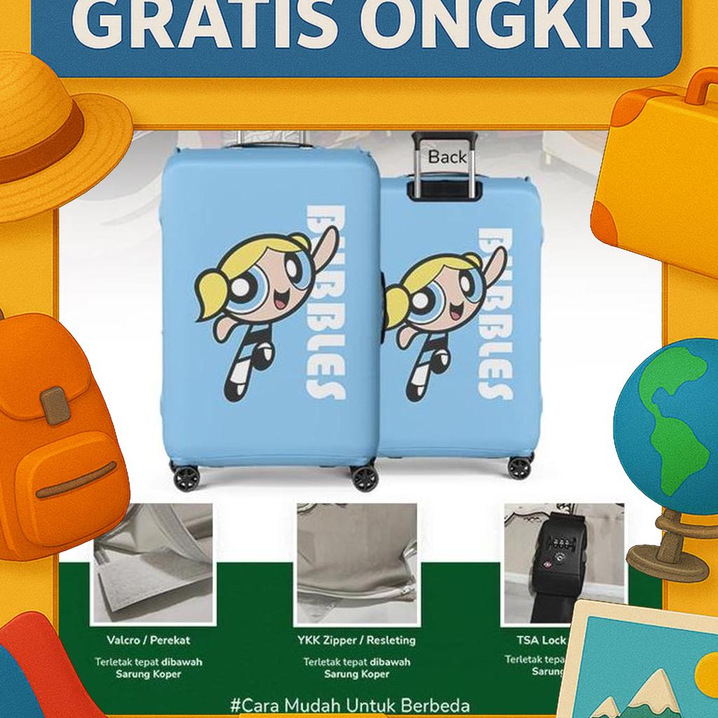 Bubbles The Powerpuff Girls - Sarung Koper Luggage Cover Pelindung Hitam Ukuran M 55Cm X 73Cm Pereka