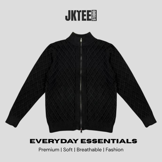 Outer Rajut Resleting Pola Diamond Hitam | Knit Campuran Katun & Wol | Regular Fit Stand Collar Leng