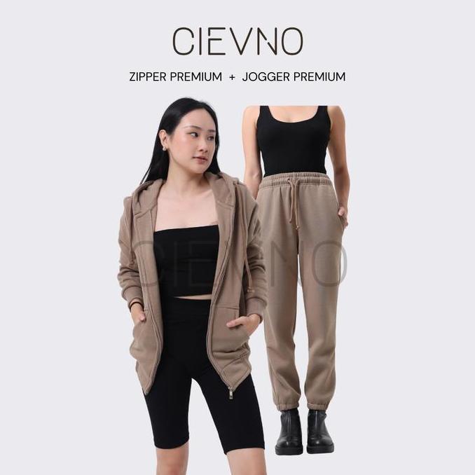 CIEVNO - ONE SET HOODIE ZIPPER+CELANA JOGER PREMIUM PEANUT BUTTER (PRIA&WANITA)